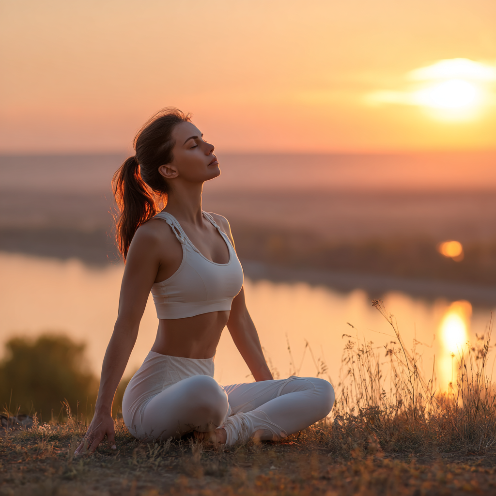 Žena pri meditácii pri vode v rannom svetle